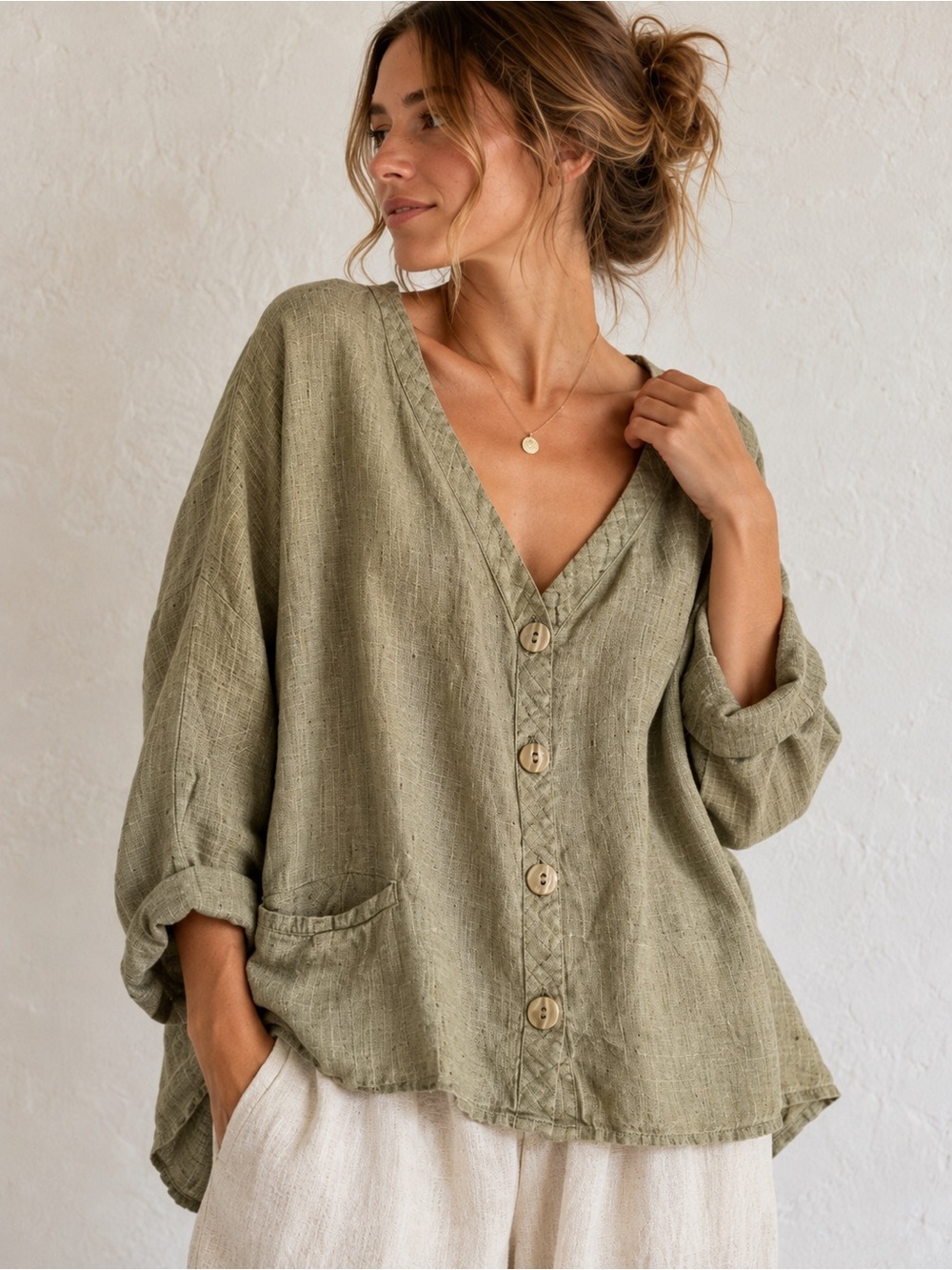 Flax 100% Linen Button Front Cardigan in Olive Brown M Lagenlook